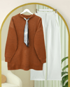 Yuvarlak Yaka Fularlı Salaş Triko Tunik -Kiremit-Kazak-109-9776-R30