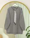 Yuvarlak Yaka Fularlı Salaş Triko Tunik  -Toprak-Kazak-109-9776-R55