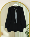 Yuvarlak Yaka Fularlı Salaş Triko Tunik    -Siyah-Kazak-109-9776-R01