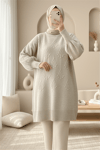 Yuvarlak Yaka Kabartma Desenli  Yırtmaçlı Triko Kazak -Ekru-Kazak-295-3418-R07