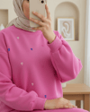 Yuvarlak Yaka Kalp Desenli Penye Tunik  -Pembe-Tunik-349-7090-R20