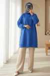 Yuvarlak Yaka Kalp Desenli Penye Tunik  -Mavi-Tunik-349-7090-R31
