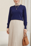Yuvarlak Yaka Kolu Düğme Detaylı Triko Tunik  -İndigo-Tunik-109-9793-R21