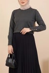 Yuvarlak Yaka Kolu Düğme Detaylı Triko Tunik  -Füme-Tunik-109-9793-R18