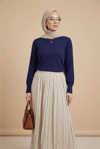 Yuvarlak Yaka Kolu Düğme Detaylı Triko Tunik  -İndigo-Tunik-109-9793-R21