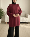 Yuvarlak Yaka Kolu Örgü Detaylı Triko Kazak -Bordo-Kazak-295-1280-R04