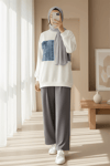 Yuvarlak Yaka Önü Kot Cep Detaylı Sweat -Beyaz-Sweatshirt-362-4419-R02