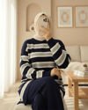Yuvarlak Yaka Renkli Çizgili Salaş Triko Takım -Gri-Takım-295-1298-R11