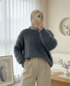 Yuvarlak Yaka Sakallı Triko Kazak -Füme-Kazak-357-7004-R18