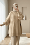 Yuvarlak Yaka Salaş Desenli Triko Kazak -Açık Vizon-Kazak-295-4514-R51