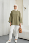Yuvarlak Yaka Salaş Penye Tunik  -Haki-Tunik-437-10751-R05