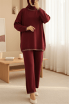 Yuvarlak Yaka Uçları Nakış Detaylı Triko Takım  -Bordo-Takım-384-402-R04