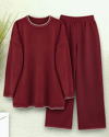 Yuvarlak Yaka Uçları Nakış Detaylı Triko Takım  -Bordo-Takım-384-402-R04