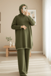Yuvarlak Yaka Uçları Nakış Detaylı Triko Takım  -Haki-Takım-384-402-R05