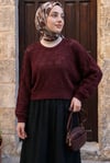 Yuvarlak Yaka Yarasa Kol Ajurlu Triko Kazak -Bordo