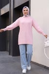 Zincir Desenli Yırtmaçlı Balon Kol Triko Tunik -Pembe