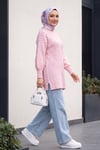 Zincir Desenli Yırtmaçlı Balon Kol Triko Tunik -Pembe