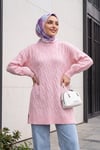 Zincir Desenli Yırtmaçlı Balon Kol Triko Tunik -Pembe