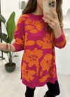 FUŞYA-ORANGE ÇİÇEK DESEN KAZAK 