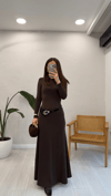 KAHVE 2413 KEMER DETAY ELBİSE 
