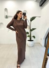 KAHVE 4714 DERİ DETAY ELBİSE