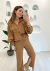 KAHVE CROP GÖMLEK PANTOLON TAKIM 