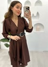 KAHVE KEMERLİ SATEN KRUVAZE ELBİSE