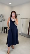 LACİVERT 8496 GARNİLİ KETEN ELBİSE 