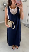 LACİVERT 8496 GARNİLİ KETEN ELBİSE 