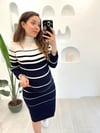 LACİVERT ÇİZGİLİ UZUN ELBİSE