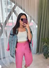 PEMBE KETEN PAÇA PİLİLİ PANTOLON