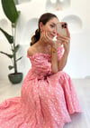 PEMBE MADONNA GOFRE ÇİÇEKLİ ELBİSE