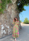 YEŞİL DESENLİ SATEN ELBİSE
