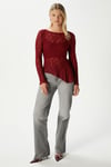Angel Asimetrik Bordo Uzun Kollu Dantel Top / Bluz