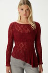 Angel Asimetrik Bordo Uzun Kollu Dantel Top / Bluz