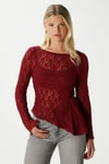 Angel Asimetrik Bordo Uzun Kollu Dantel Top / Bluz