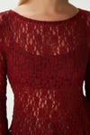 Angel Asimetrik Bordo Uzun Kollu Dantel Top / Bluz