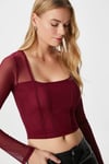 Kadın Alina Korse Görünümlü Bordo Tül Crop Bluz
