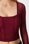 Kadın Alina Korse Görünümlü Bordo Tül Crop Bluz