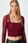 Kadın Alina Korse Görünümlü Bordo Tül Crop Bluz