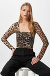 Kadın Alina Korse Görünümlü Leopar Tül Crop Bluz