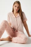 Kadın Andra Pudra  Ön Düğmeli Kısa Kol Alt Üst Pijama Takımı