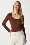 Kadın Anita Tok Doku Pamuklu Fittili Kahverengi Basic Bluz