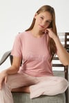 Kadın Beautiful Yumuşak Doku Pudra Bisiklet Yaka Kısa Kollu Alt Üst Pijama Takımı