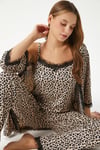 Kadın Betty Leopar 3'lü Paket Sabahlıklı İp Askılı Dantelli Fitilli Örme Pijama Takımı 