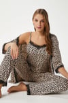 Kadın Betty Leopar 3'lü Paket Sabahlıklı İp Askılı Dantelli Fitilli Örme Pijama Takımı 
