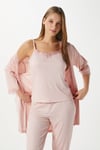 Kadın Betty Somon Kalpli 3'lü Paket Sabahlıklı İp Askılı Dantelli Fitilli Örme Pijama Takımı 
