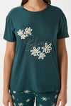 Kadın Bloom Yumuşak Doku Yeşil Çiçek İşlemeli Bisiklet Yaka Kısa Kollu Alt Üst Pijama Takımı