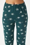 Kadın Bloom Yumuşak Doku Yeşil Çiçek İşlemeli Bisiklet Yaka Kısa Kollu Alt Üst Pijama Takımı