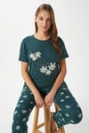 Kadın Bloom Yumuşak Doku Yeşil Çiçek İşlemeli Bisiklet Yaka Kısa Kollu Alt Üst Pijama Takımı